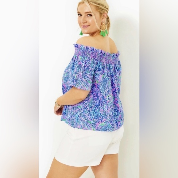 🦩🌴🦩👚Leanne Off-The-Shoulder Linen Top in Lilac Rose We Mermaid👚🦩🌴🦩 - Picture 8 of 11